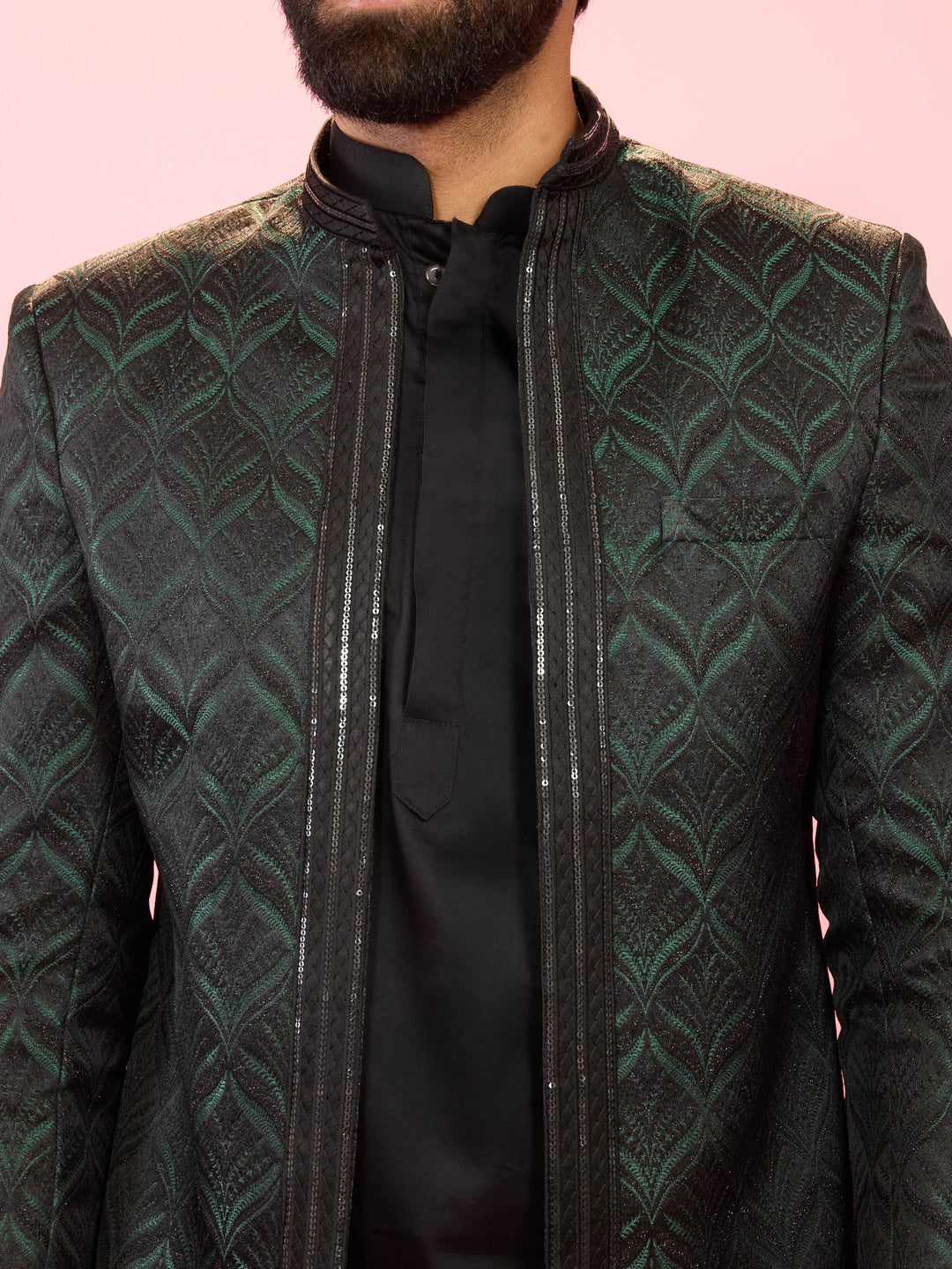 Men's Bottle Green Jodhpuri with Black Satin Kurta & Pant Pyjama Set - view 2