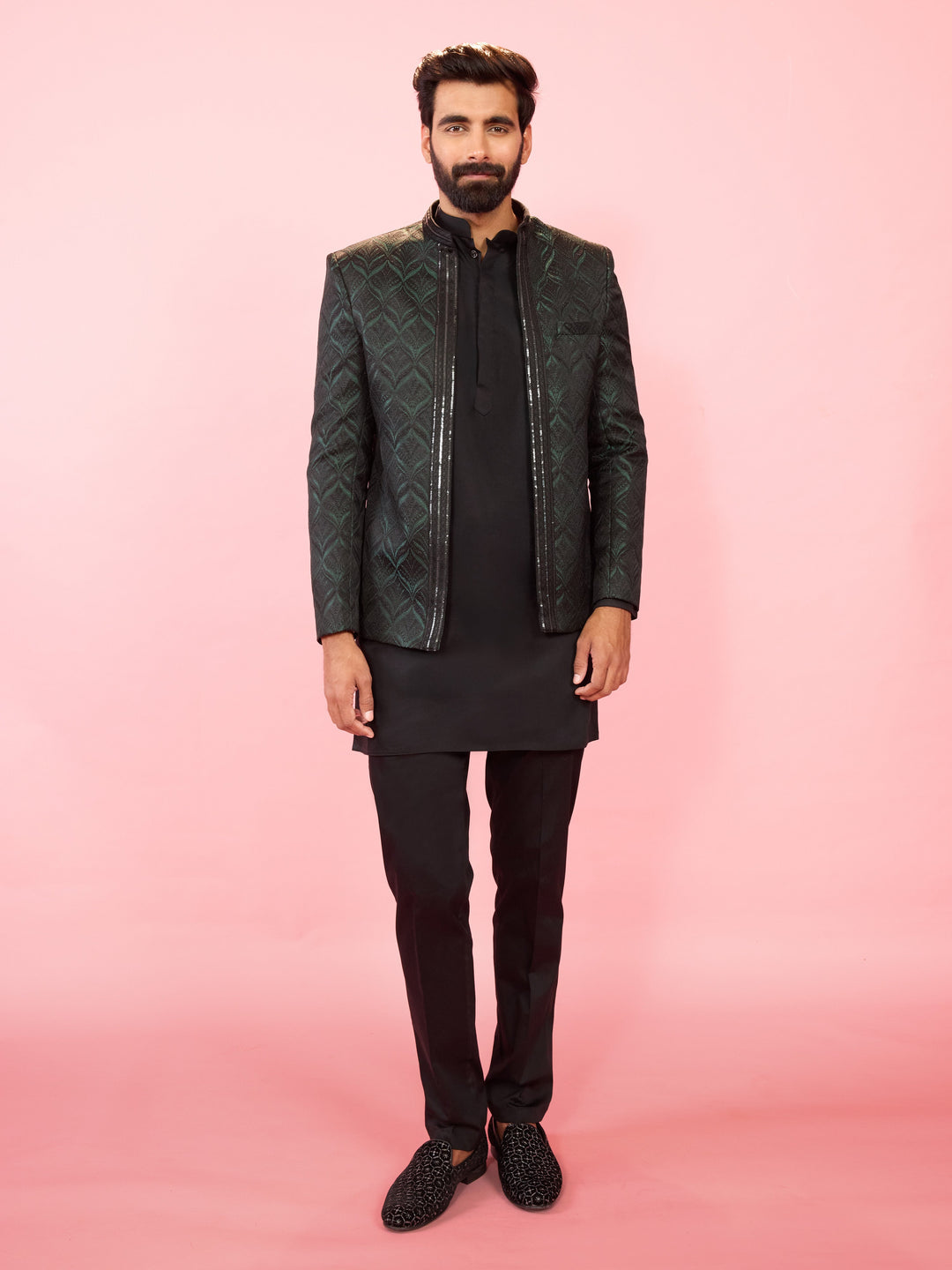 Men's Bottle Green Jodhpuri with Black Satin Kurta & Pant Pyjama Set - view 3