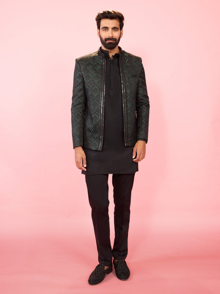 Men's Bottle Green Jodhpuri with Black Satin Kurta & Pant Pyjama Set - view 3
