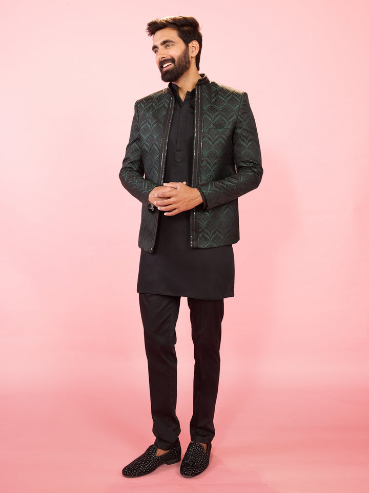 Men's Bottle Green Jodhpuri with Black Satin Kurta & Pant Pyjama Set - view 4