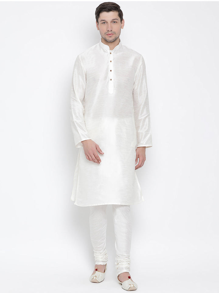 Sarvati Men's White Cotton Silk Blend Kurta and Pyjama Set