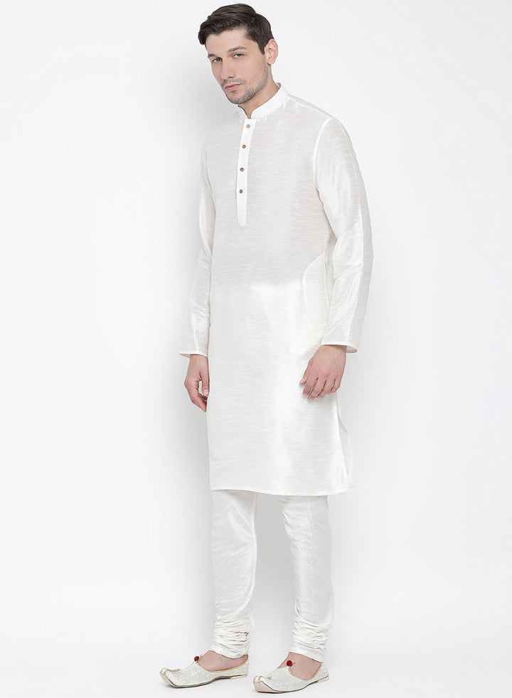 Sarvati Men's White Cotton Silk Blend Kurta and Pyjama Set