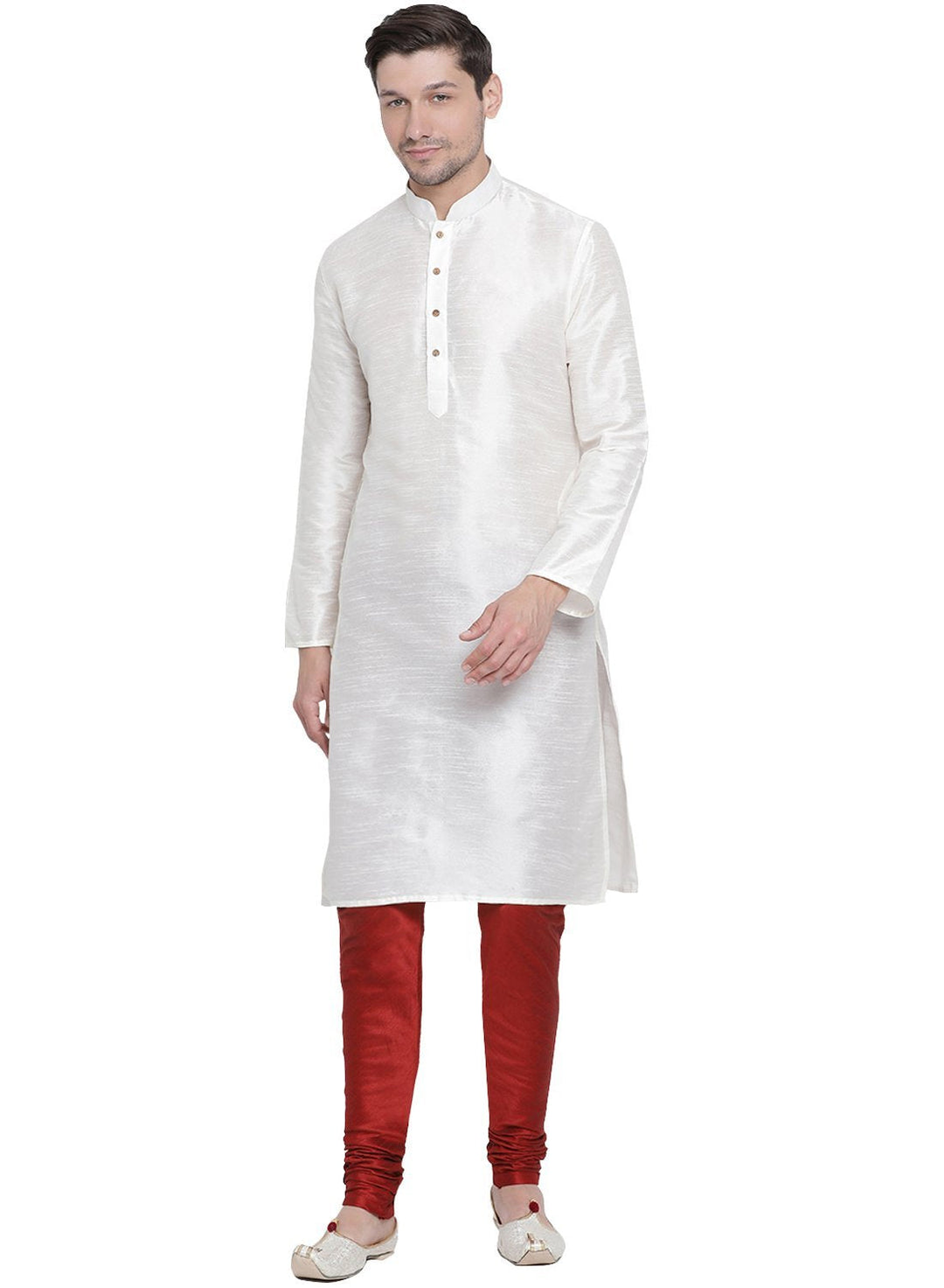 Sarvati Men's White Cotton Silk Blend Kurta and Pyjama Set