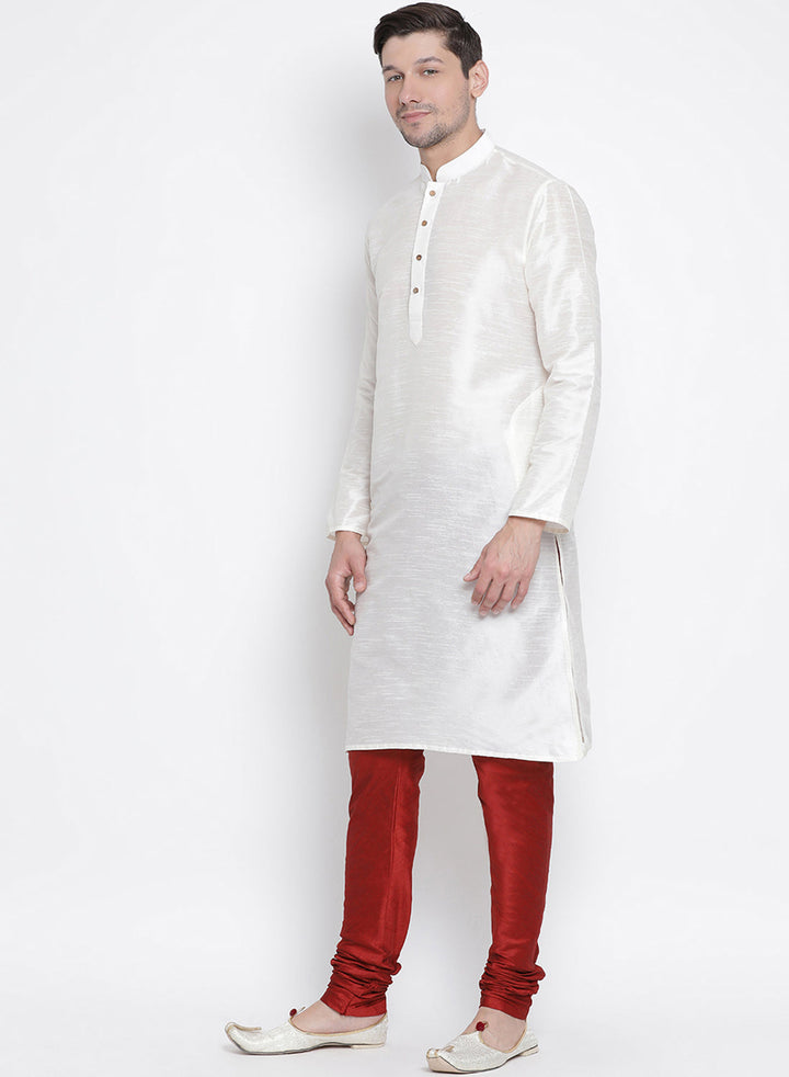 Sarvati Men's White Cotton Silk Blend Kurta and Pyjama Set