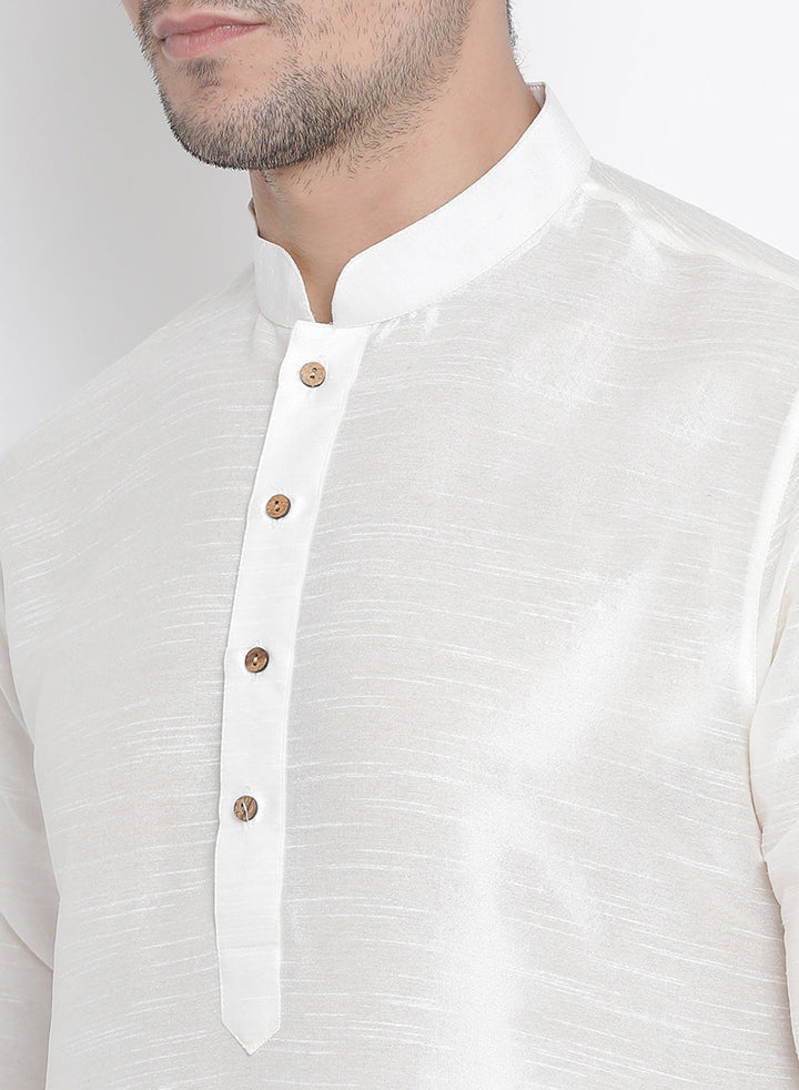 Sarvati Men's White Cotton Silk Blend Kurta and Pyjama Set