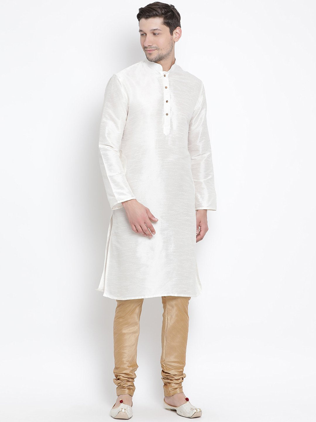 Sarvati Men's White Cotton Silk Blend Kurta and Pyjama Set