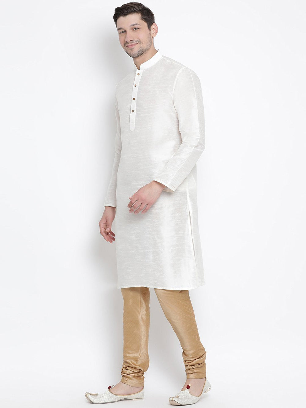 Sarvati Men's White Cotton Silk Blend Kurta and Pyjama Set