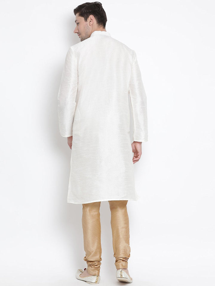 Sarvati Men's White Cotton Silk Blend Kurta and Pyjama Set
