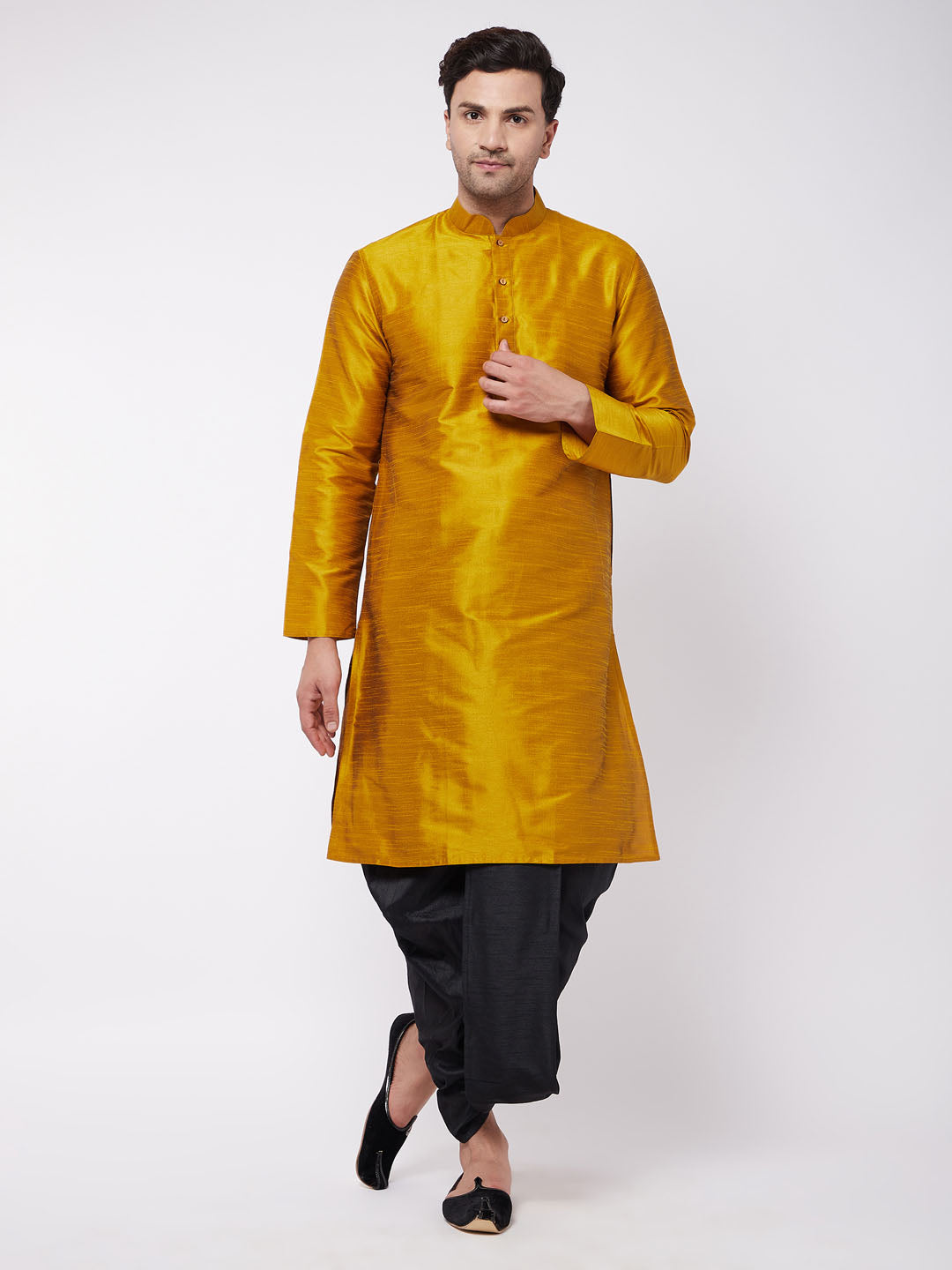 Sarvati Men's Mustard And Black Silk Blend Dhoti Kurta Set