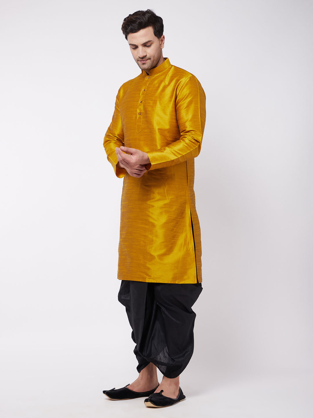 Sarvati Men's Mustard And Black Silk Blend Dhoti Kurta Set