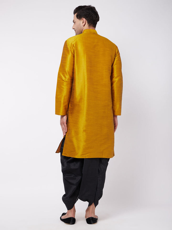 Sarvati Men's Mustard And Black Silk Blend Dhoti Kurta Set