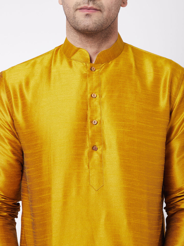 Sarvati Men's Mustard And Black Silk Blend Dhoti Kurta Set