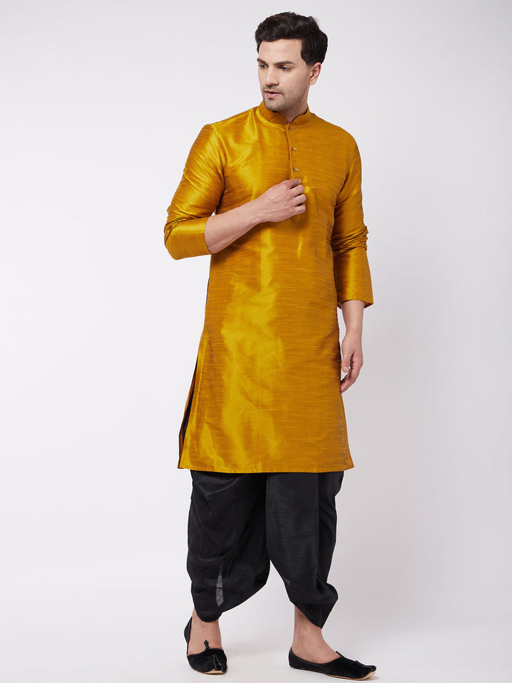 Sarvati Men's Mustard And Black Silk Blend Dhoti Kurta Set