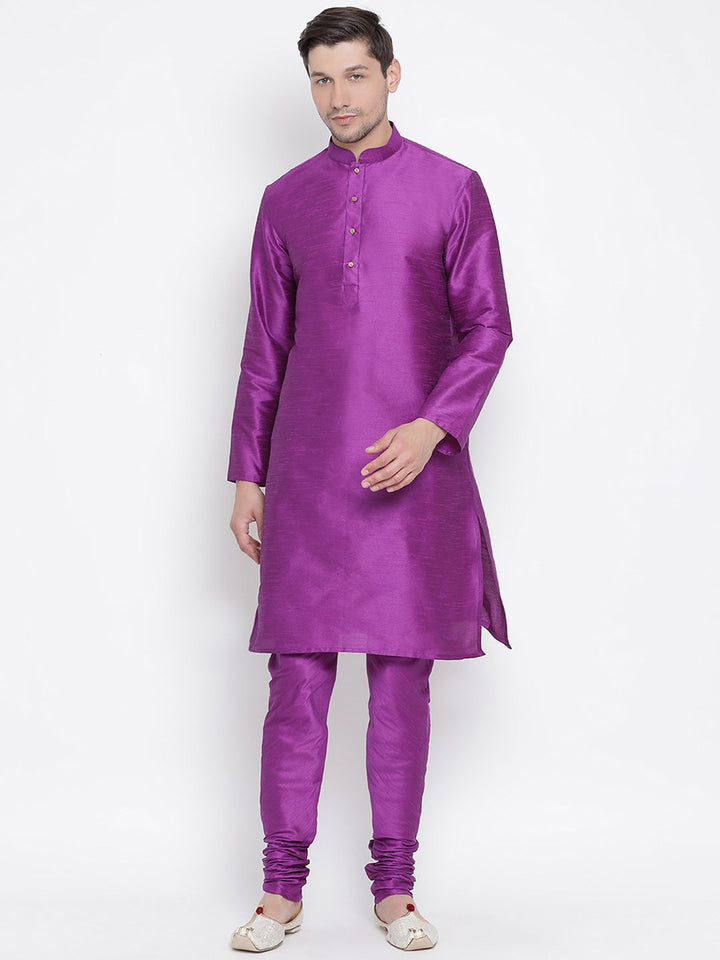 Sarvati Men's Purple Cotton Silk Blend Kurta and Pyjama Set