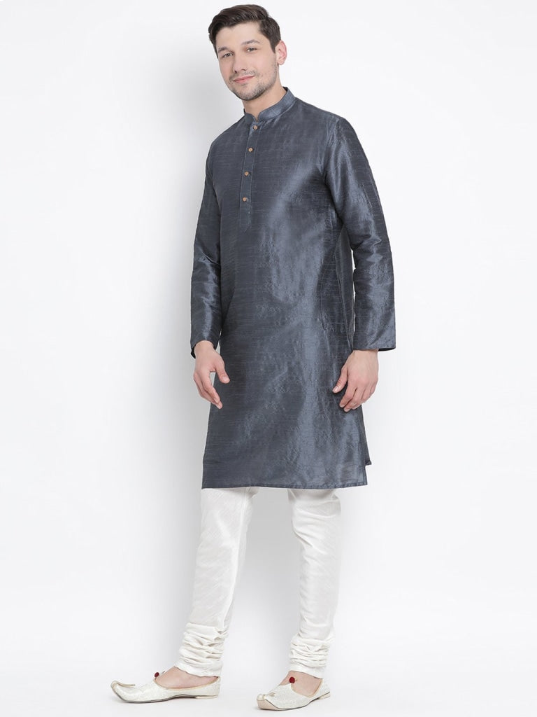 Sarvati Men's Grey Cotton Silk Blend Kurta and Pyjama Set