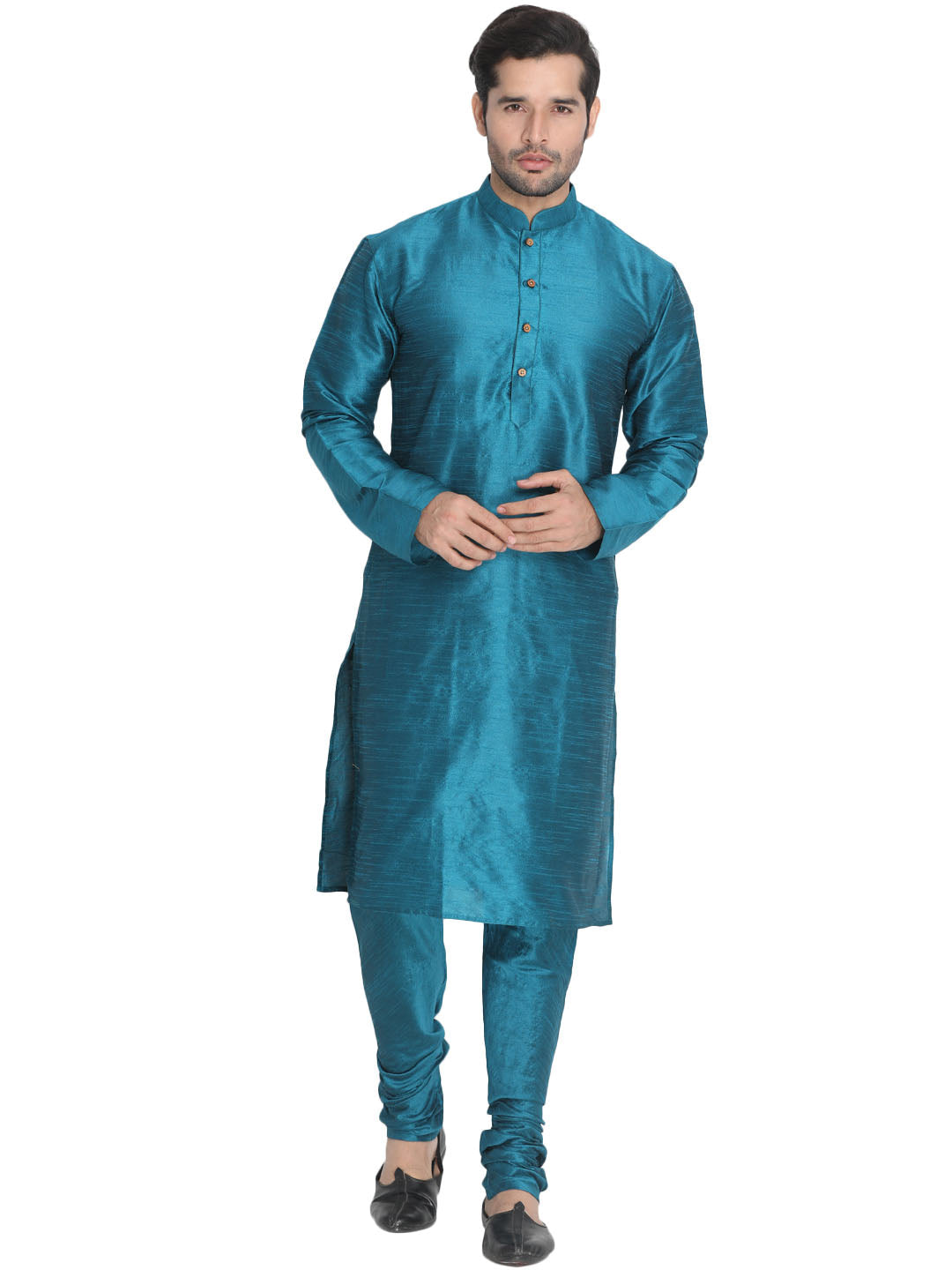 Sarvati Men's Dark Green Cotton Silk Blend Kurta and Pyjama Set