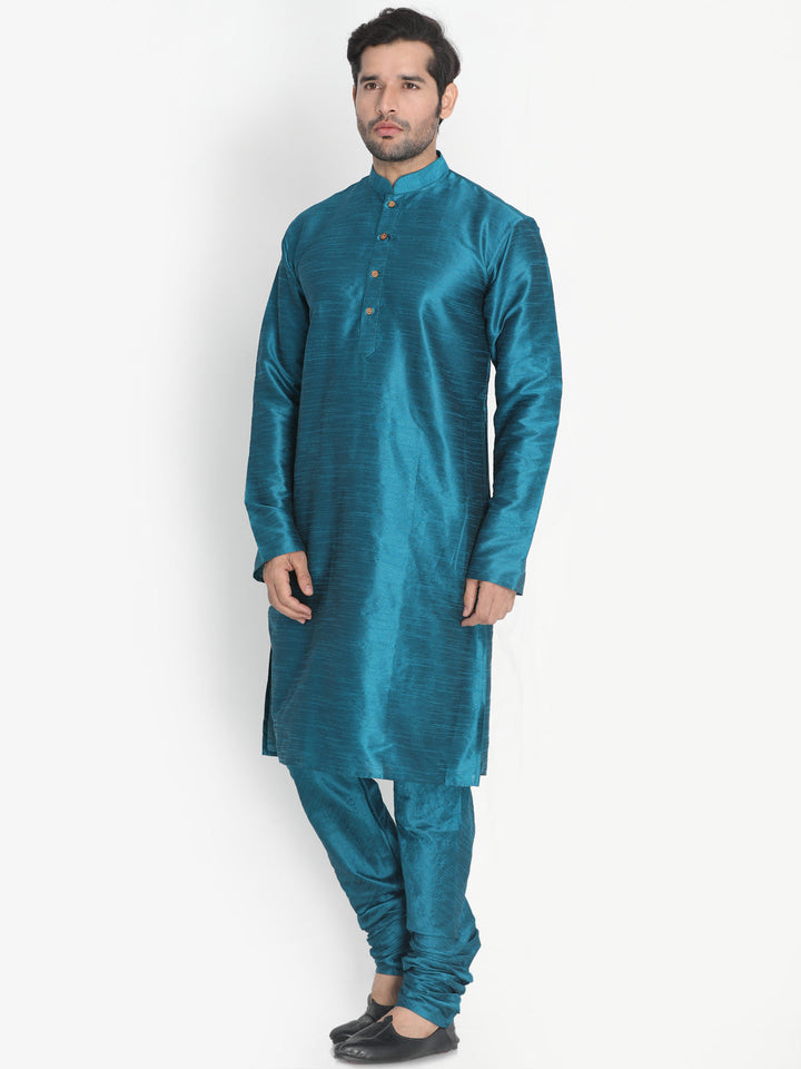 Sarvati Men's Dark Green Cotton Silk Blend Kurta and Pyjama Set