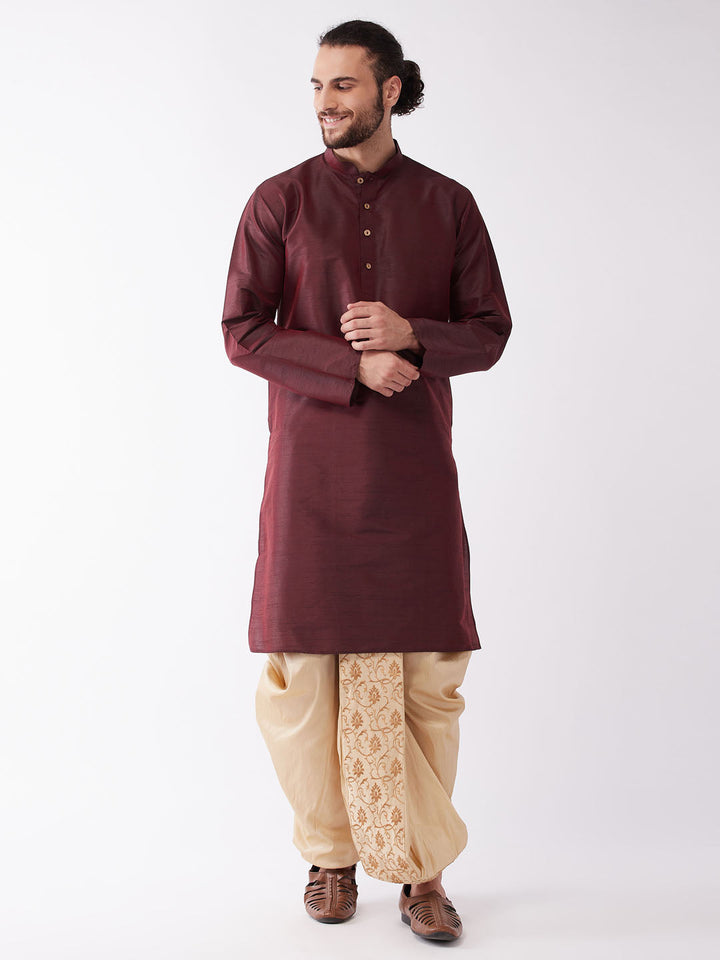 Sarvati Men's Burgundy Silk Blend Kurta And Gold Dhoti Set