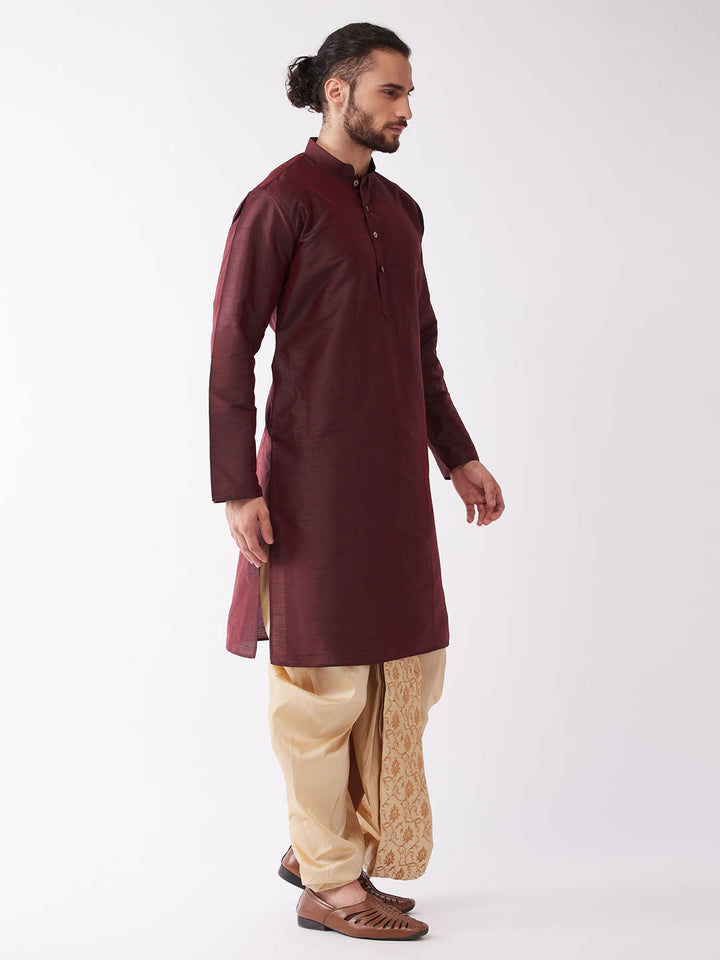 Sarvati Men's Burgundy Silk Blend Kurta And Gold Dhoti Set