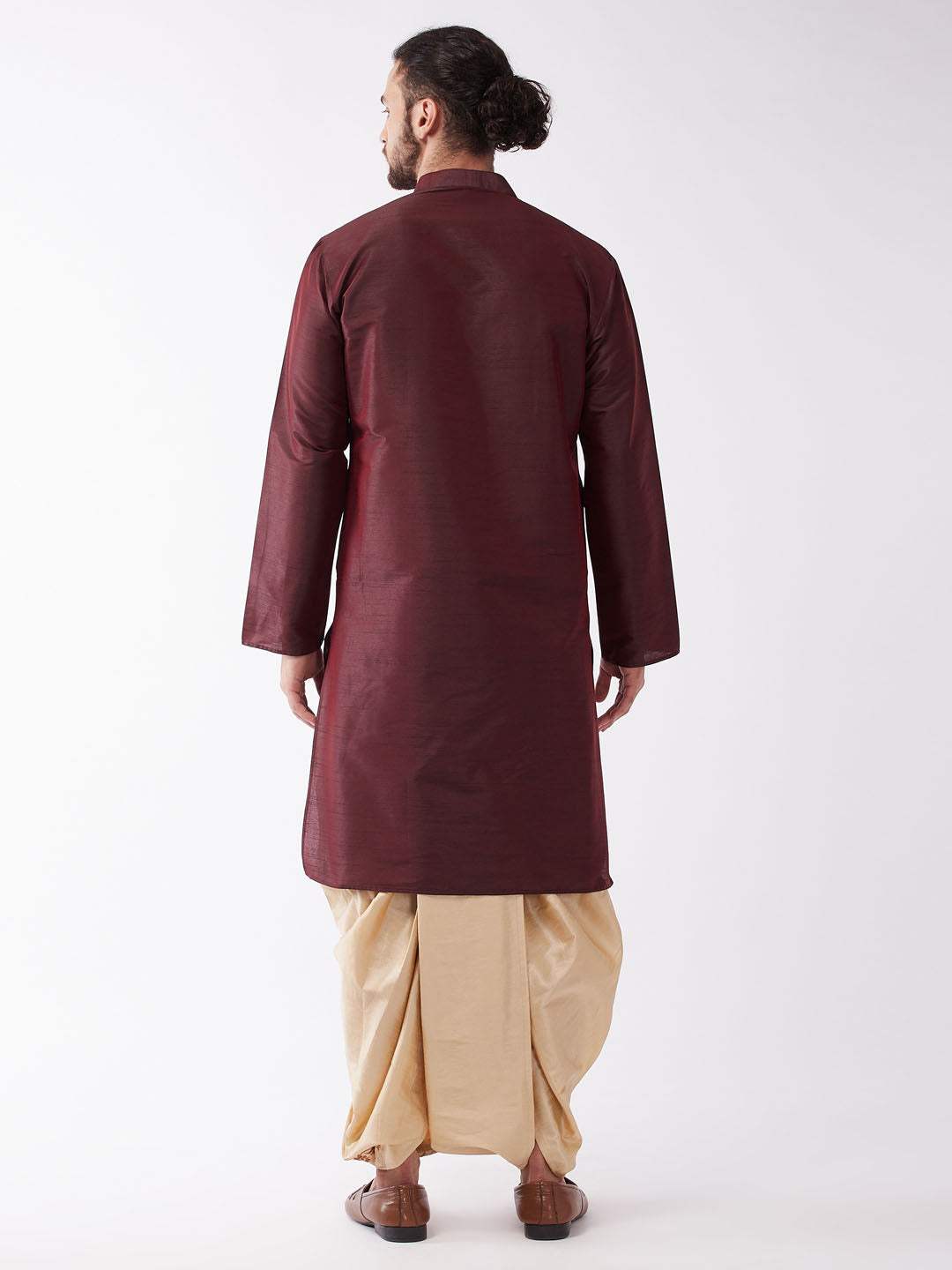 Sarvati Men's Burgundy Silk Blend Kurta And Gold Dhoti Set