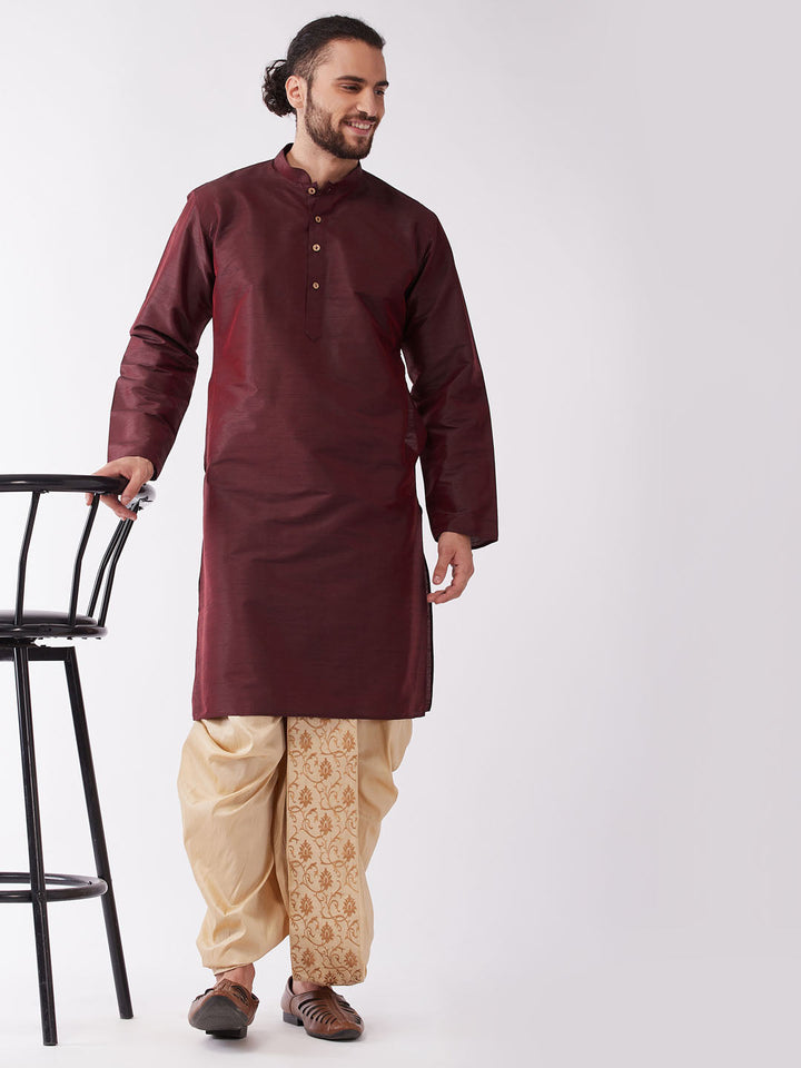 Sarvati Men's Burgundy Silk Blend Kurta And Gold Dhoti Set