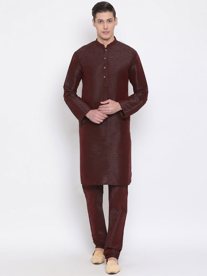 Sarvati Men's Burgundy Silk Blend Kurta and Pyjama Set