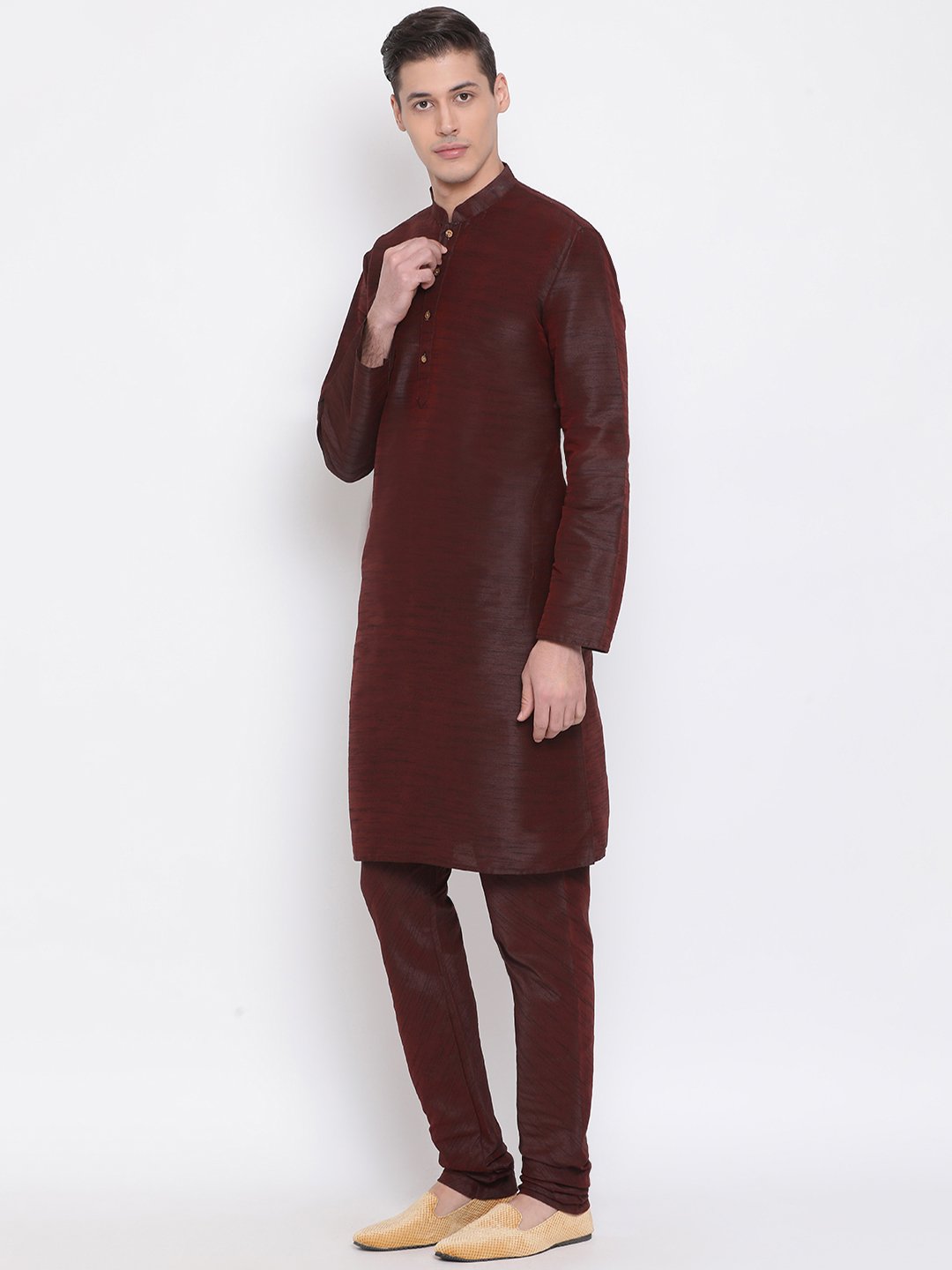 Sarvati Men's Burgundy Silk Blend Kurta and Pyjama Set