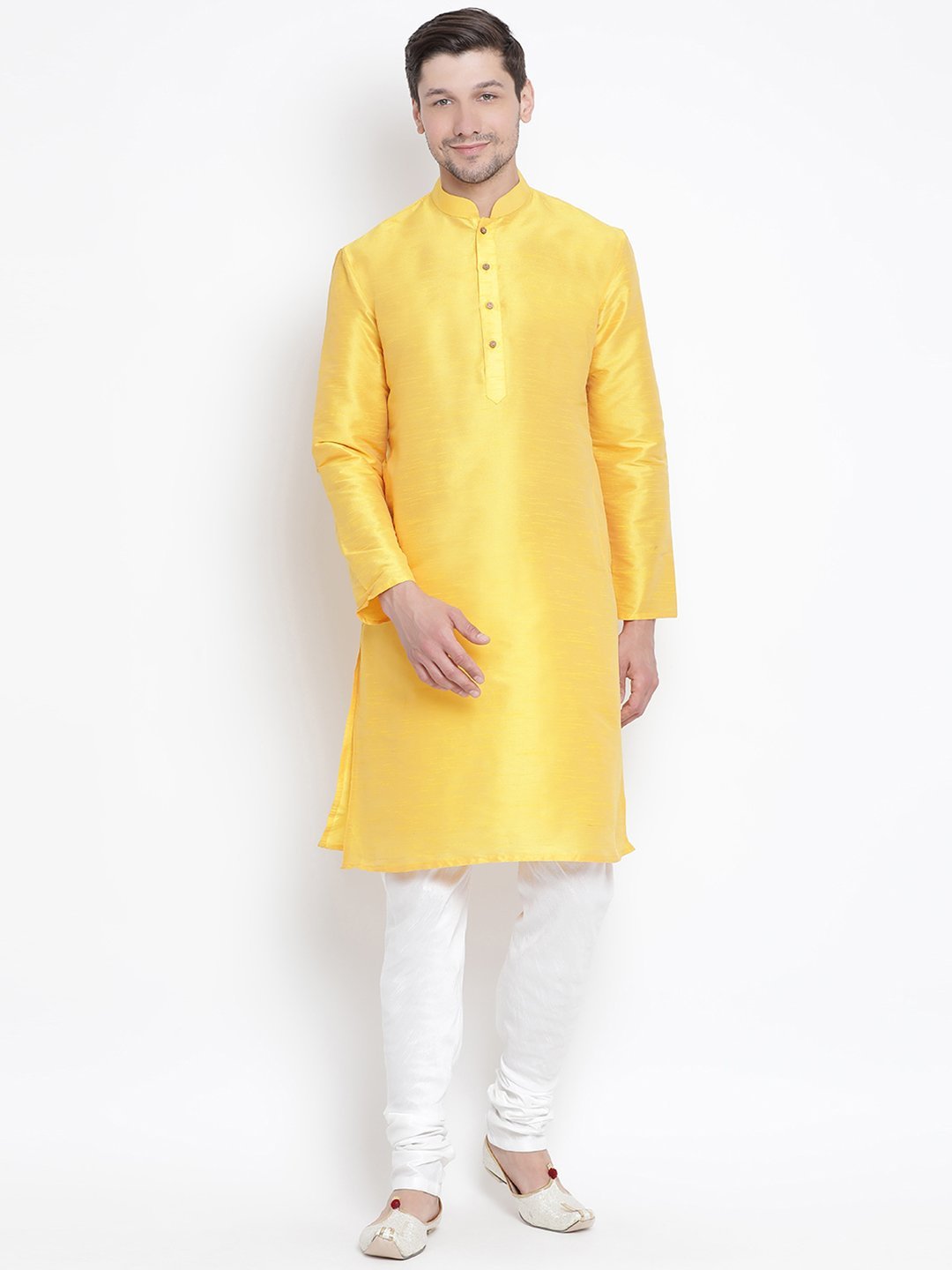 Sarvati Men's Yellow Cotton Silk Blend Kurta and Pyjama Set