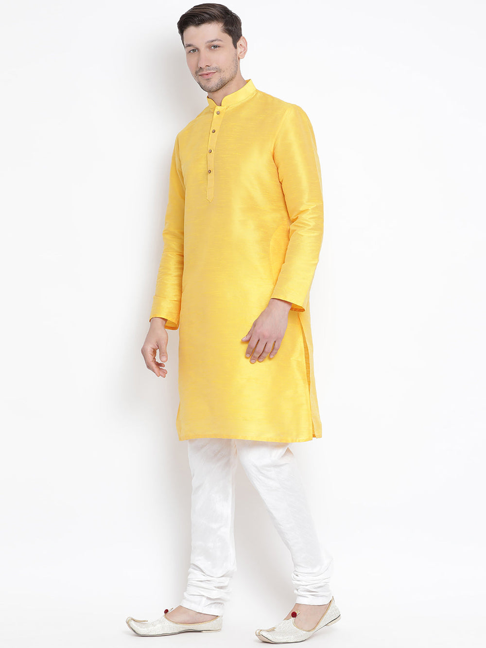 Sarvati Men's Yellow Cotton Silk Blend Kurta and Pyjama Set