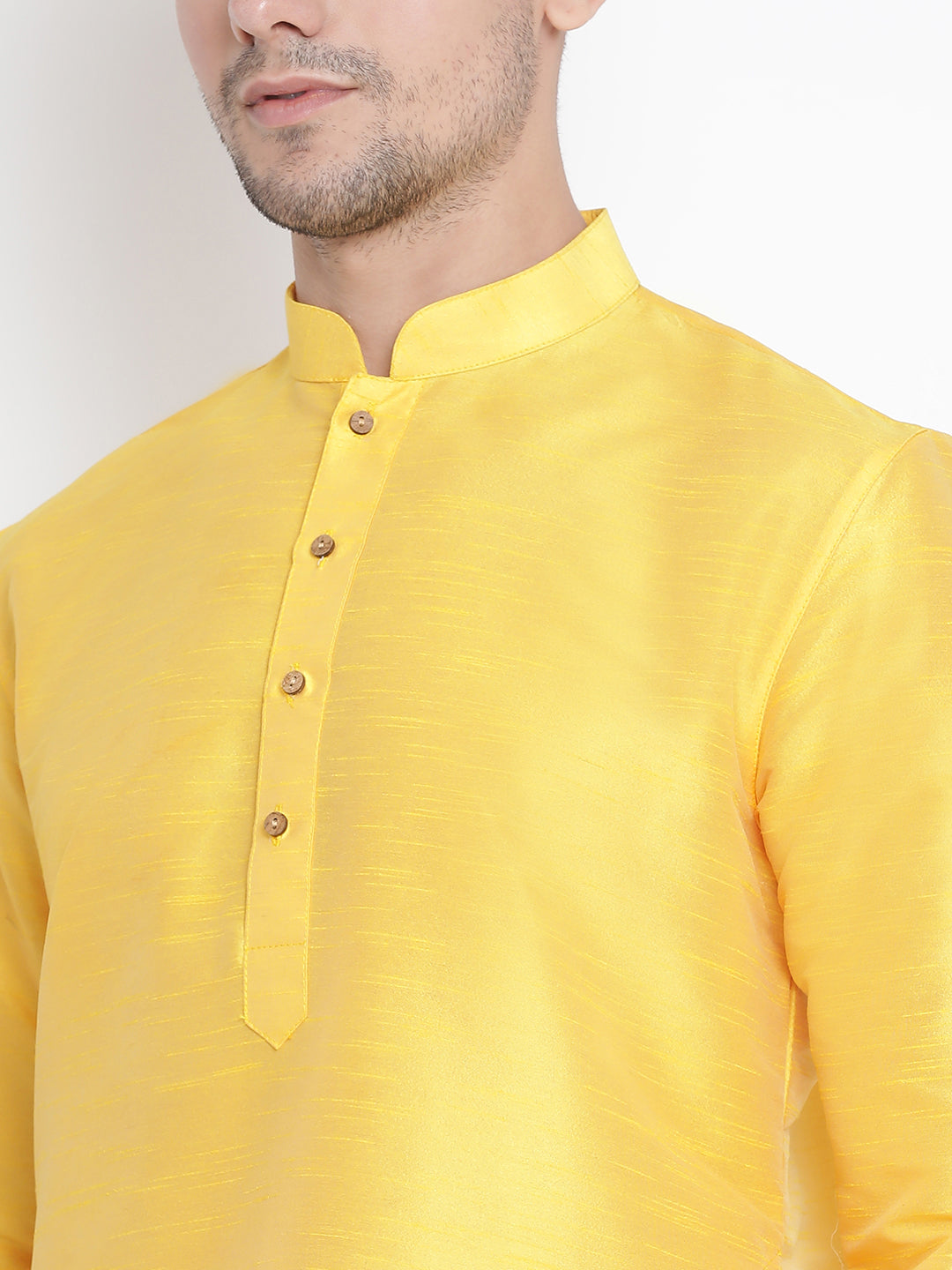 Sarvati Men's Yellow Cotton Silk Blend Kurta and Pyjama Set