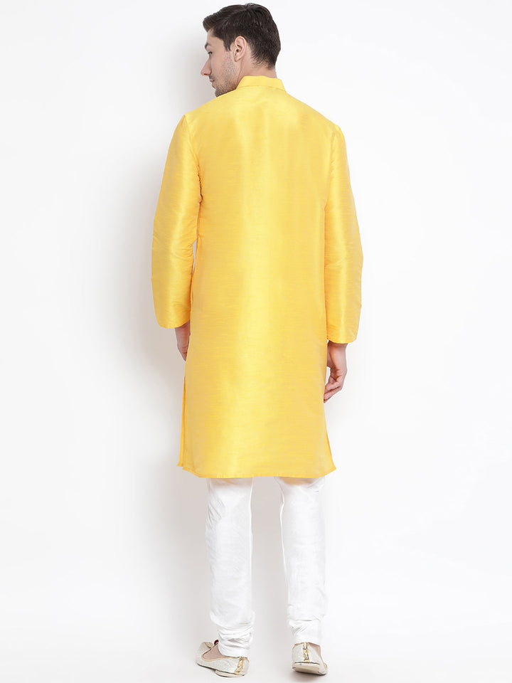 Sarvati Men's Yellow Cotton Silk Blend Kurta and Pyjama Set