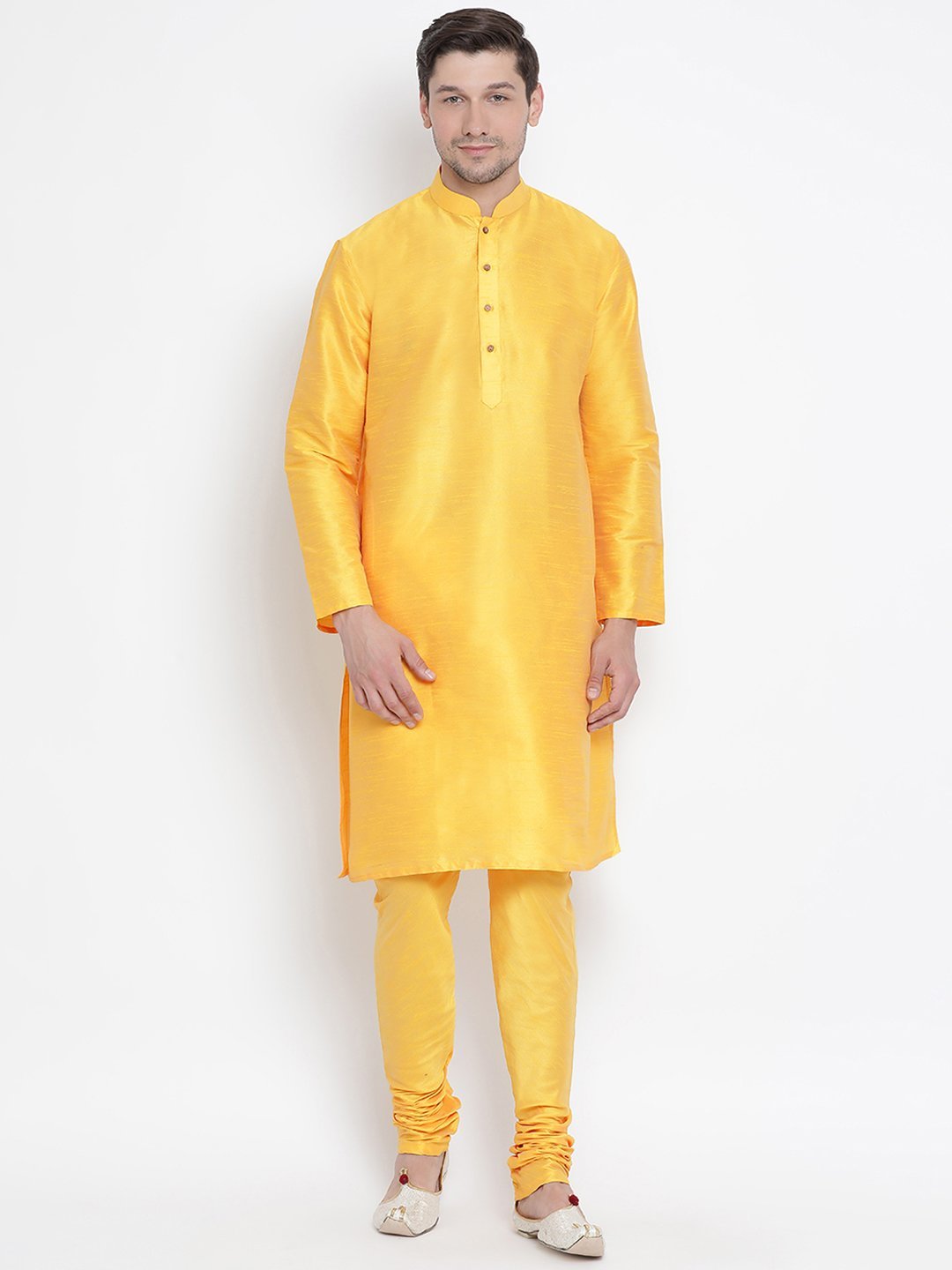 Sarvati Men's Yellow Cotton Silk Blend Kurta and Pyjama Set