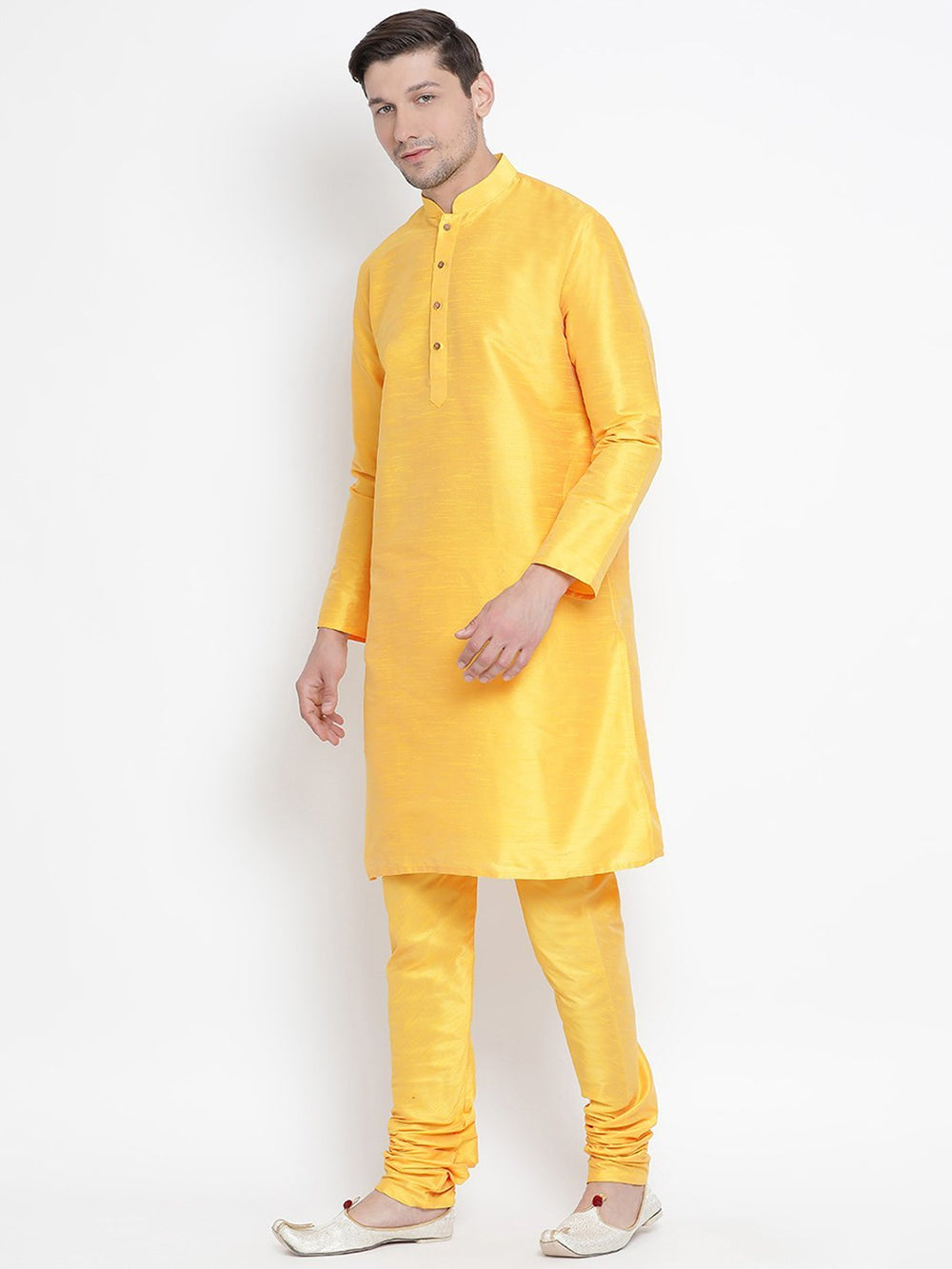 Sarvati Men's Yellow Cotton Silk Blend Kurta and Pyjama Set