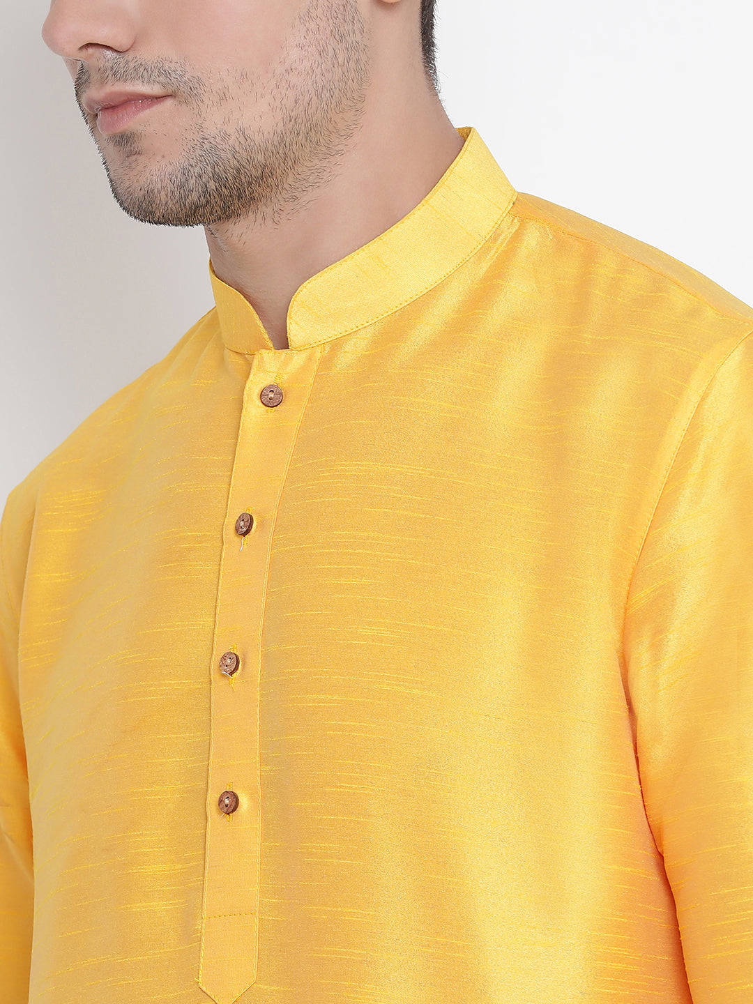 Sarvati Men's Yellow Cotton Silk Blend Kurta and Pyjama Set