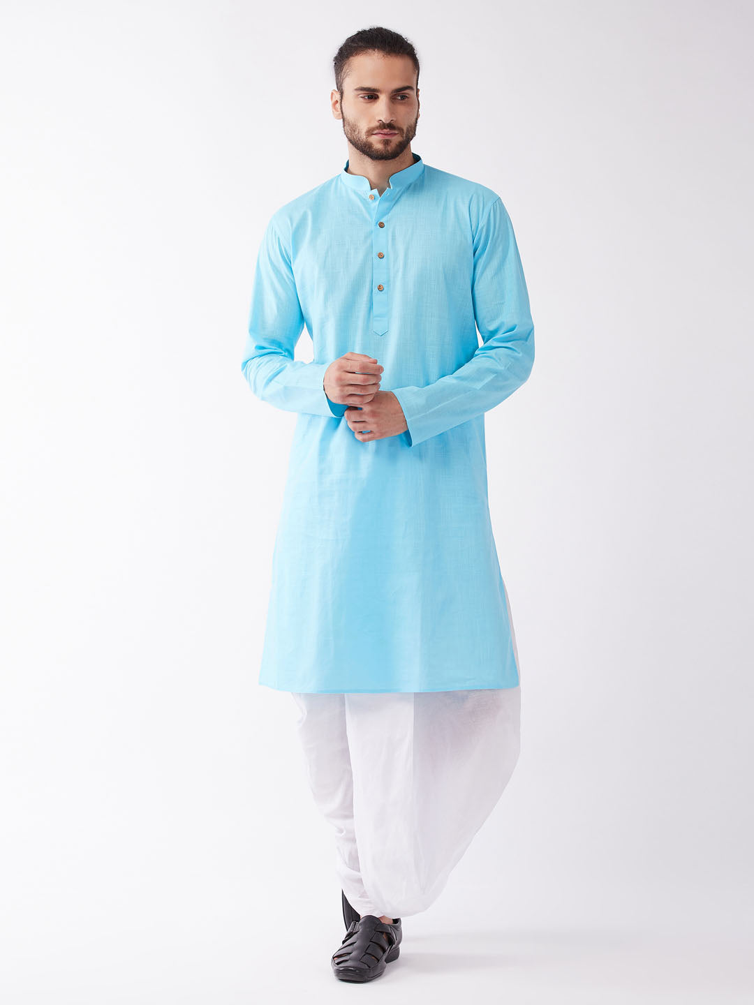 Sarvati Men's Aqua Blue And White Cotton Blend Kurta And Dhoti Set