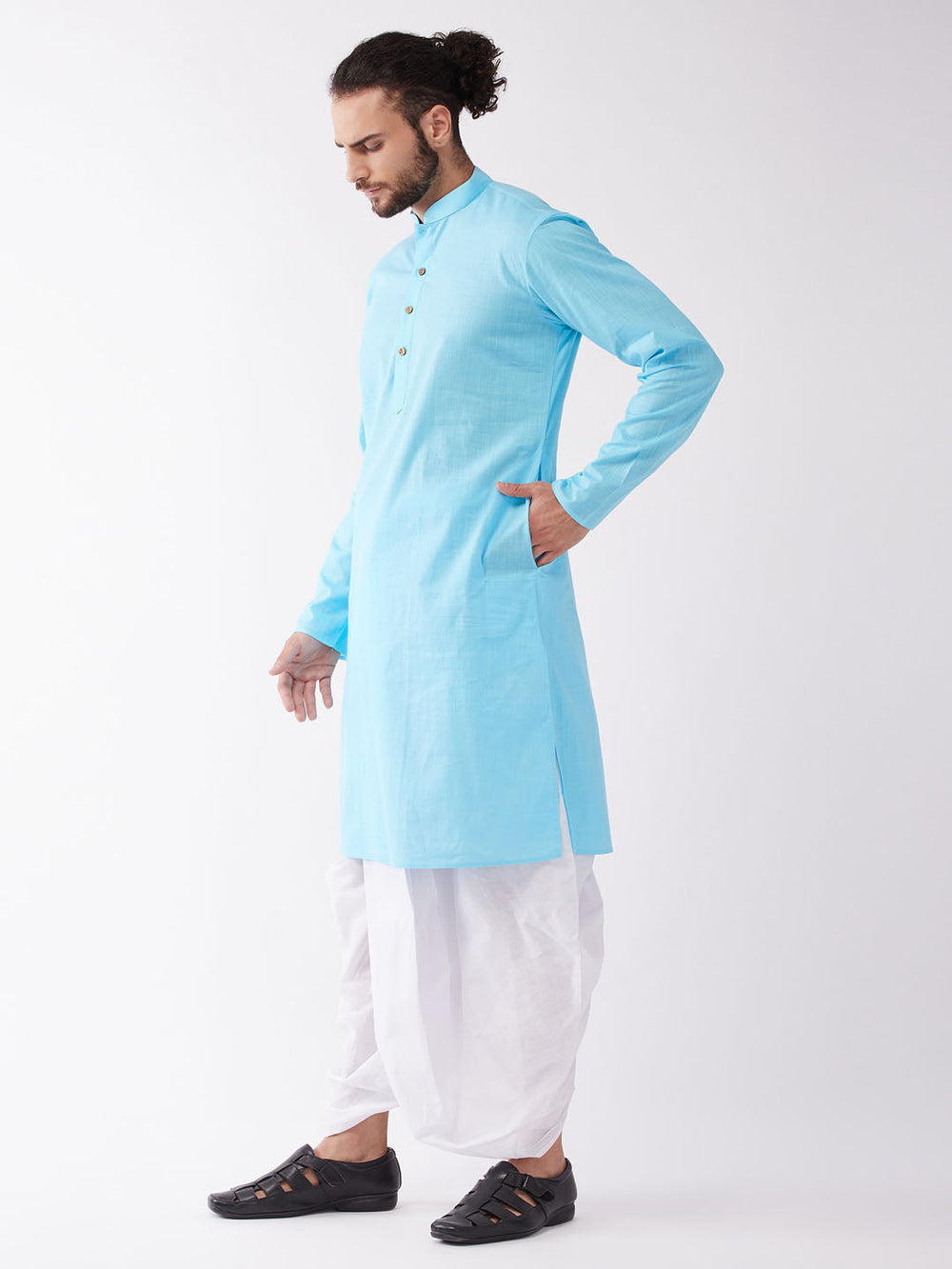 Sarvati Men's Aqua Blue And White Cotton Blend Kurta And Dhoti Set