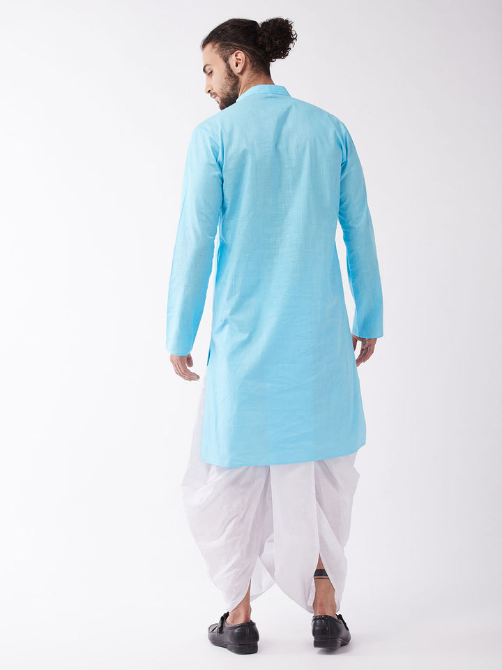 Sarvati Men's Aqua Blue And White Cotton Blend Kurta And Dhoti Set