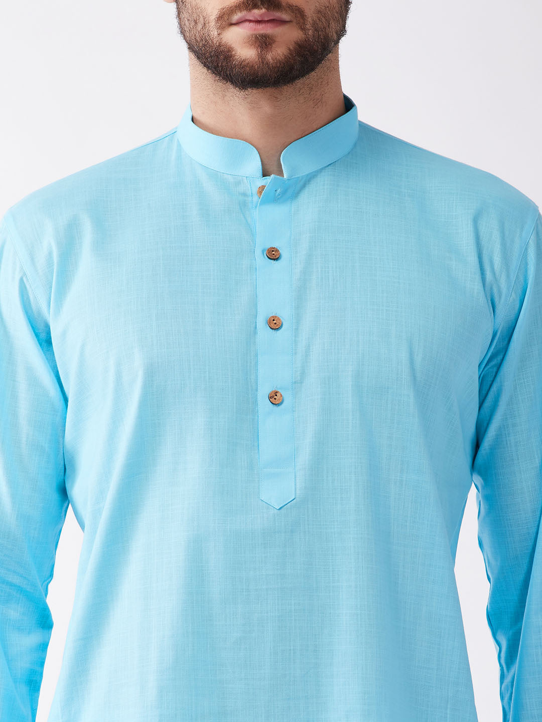 Sarvati Men's Aqua Blue And White Cotton Blend Kurta And Dhoti Set