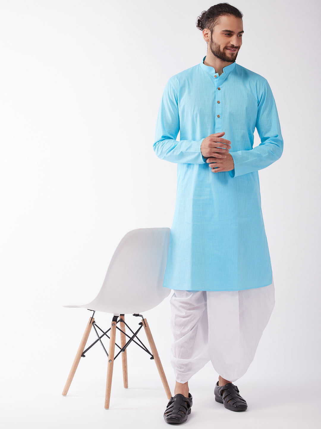 Sarvati Men's Aqua Blue And White Cotton Blend Kurta And Dhoti Set