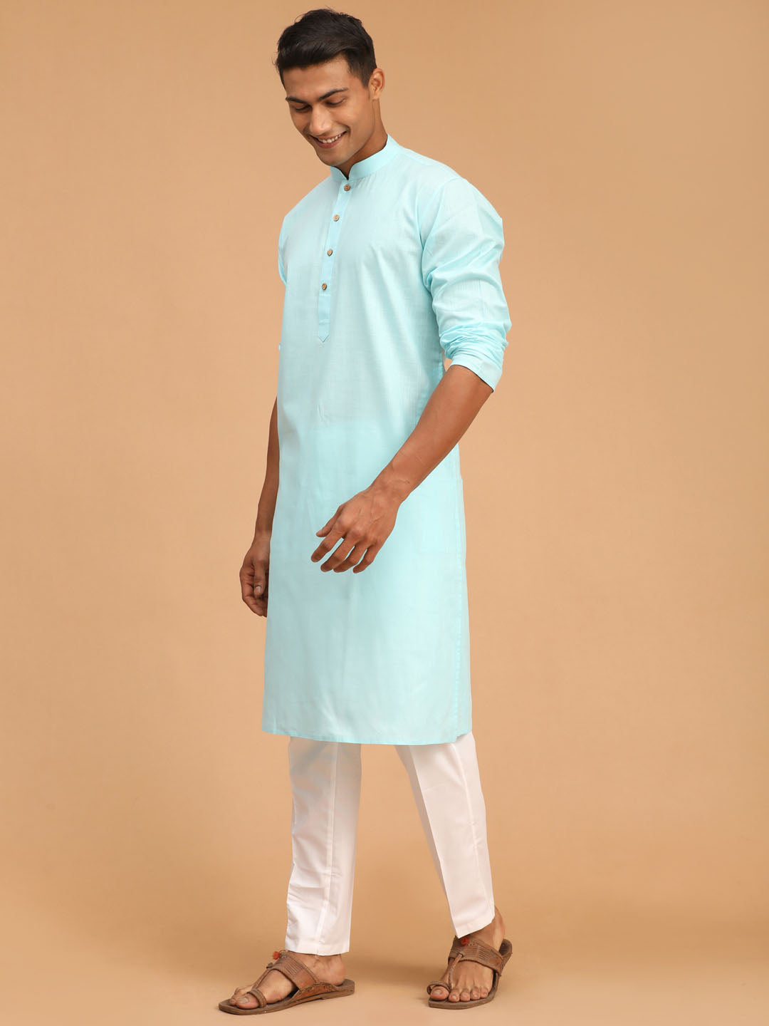 Sarvati Men's Aqua Blue Cotton Kurta and Pyjama Set