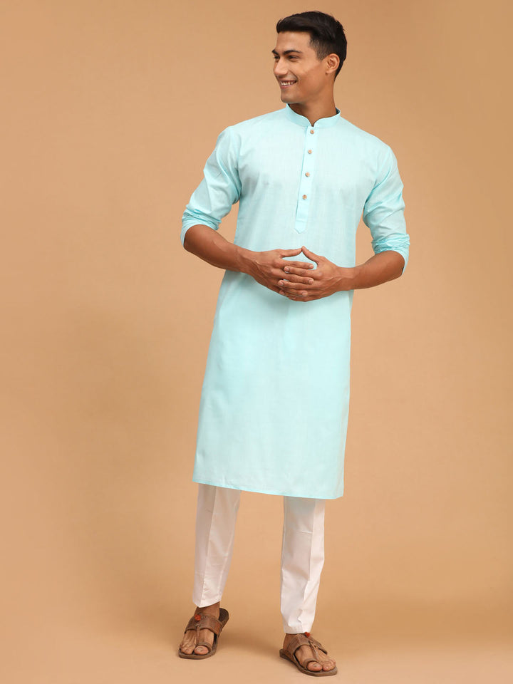 Sarvati Men's Aqua Blue Cotton Kurta and White Cotton Pant Set