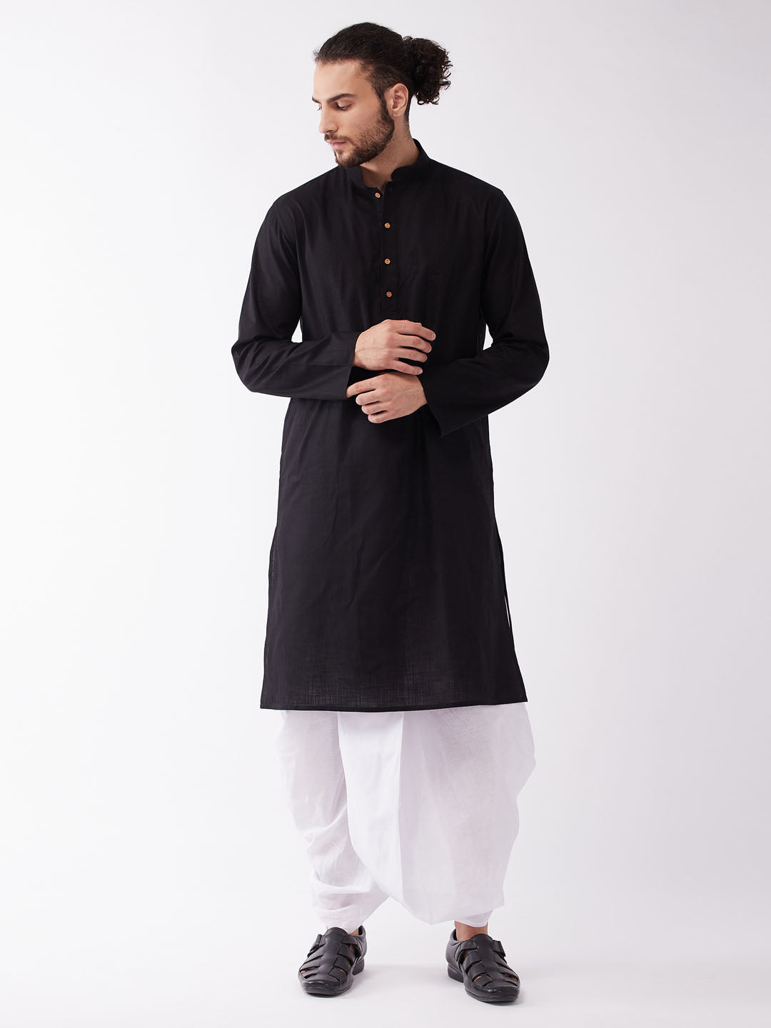 Sarvati Men's Black Cotton Blend Kurta And White Dhoti Set