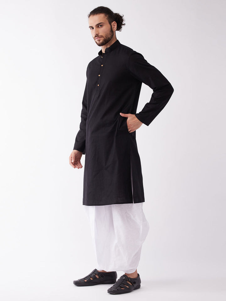 Sarvati Men's Black Cotton Blend Kurta And White Dhoti Set