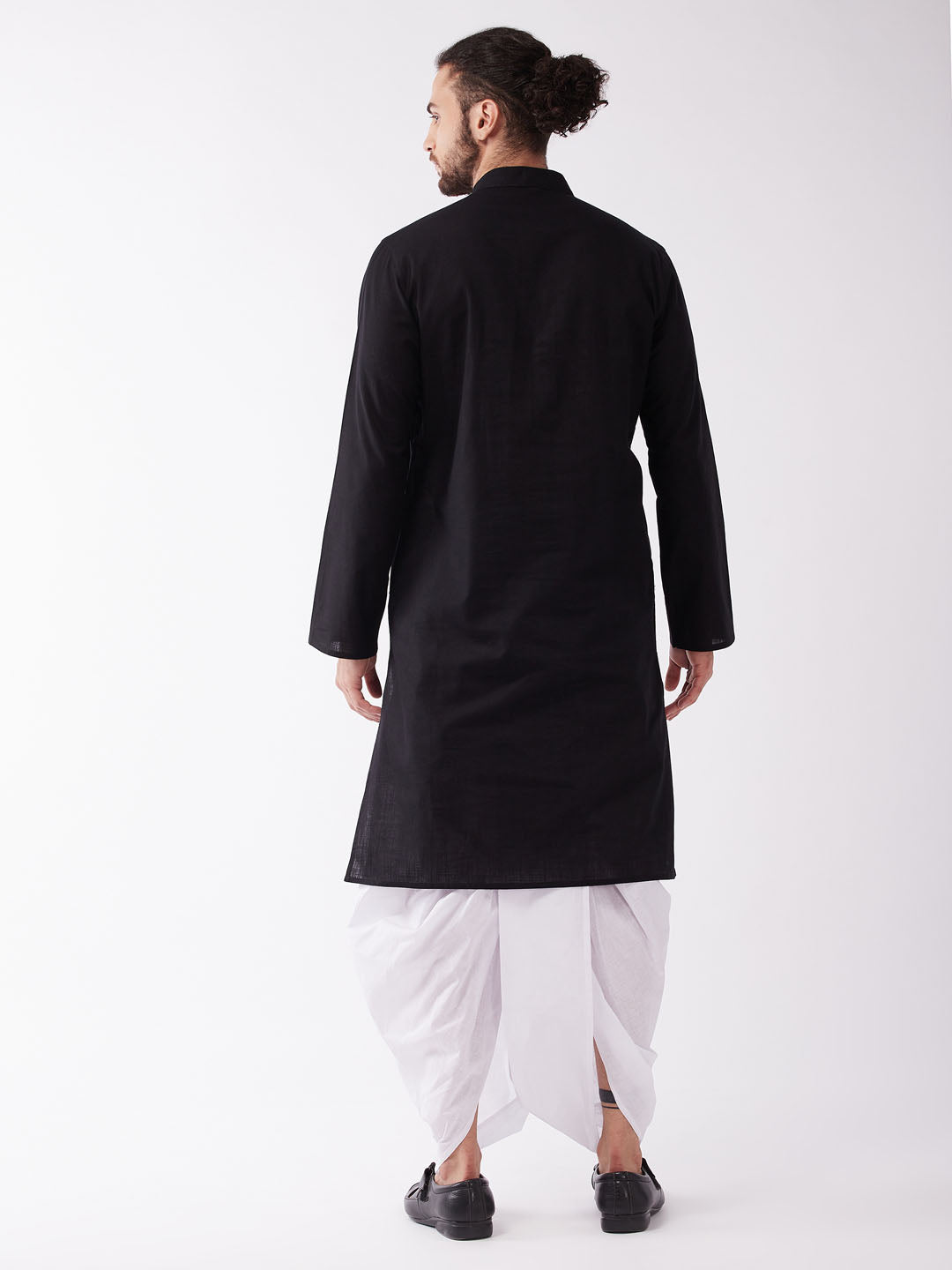 Sarvati Men's Black Cotton Blend Kurta And White Dhoti Set