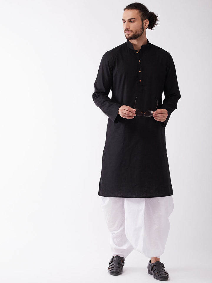 Sarvati Men's Black Cotton Blend Kurta And White Dhoti Set