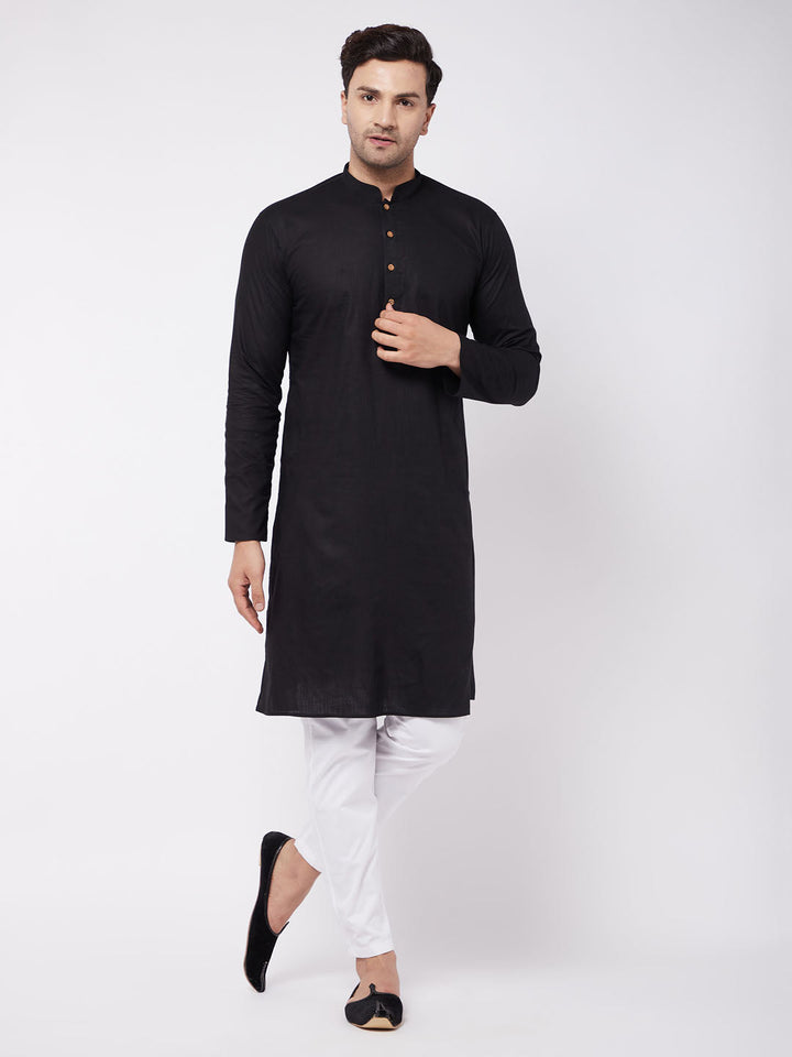 Sarvati Men's Black Solid Cotton Blend Kurta & White Pyjama Set