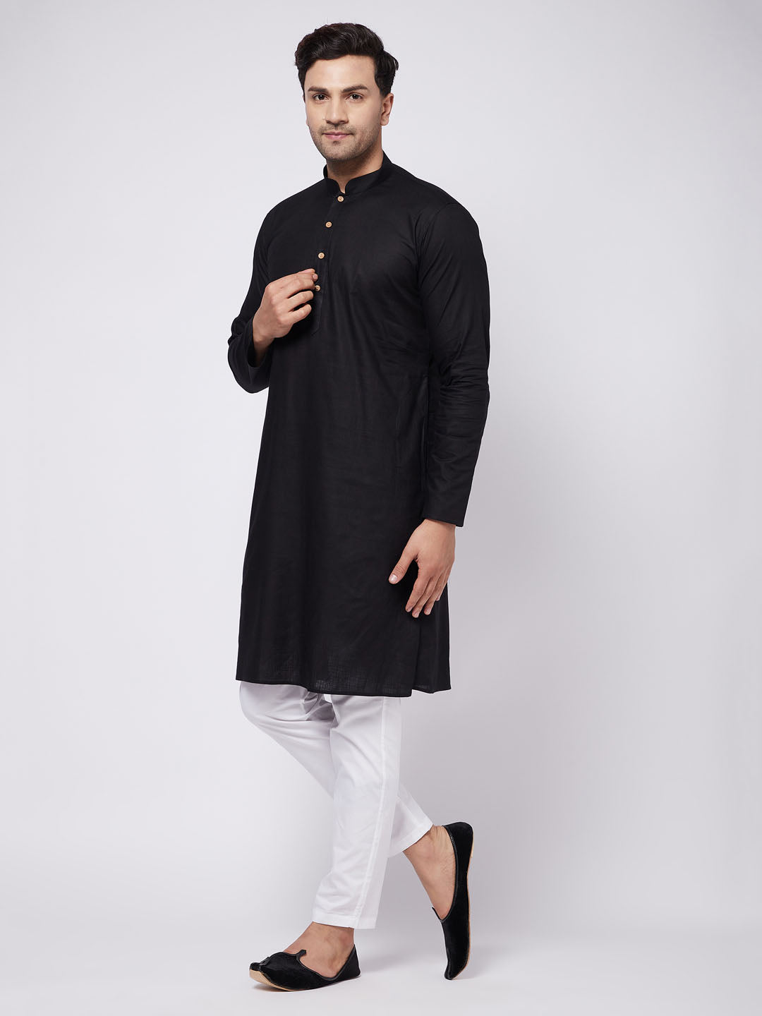 Sarvati Men's Black Solid Cotton Blend Kurta & White Pyjama Set