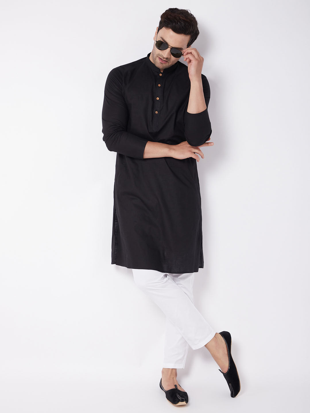 Sarvati Men's Black Solid Cotton Blend Kurta & White Pyjama Set