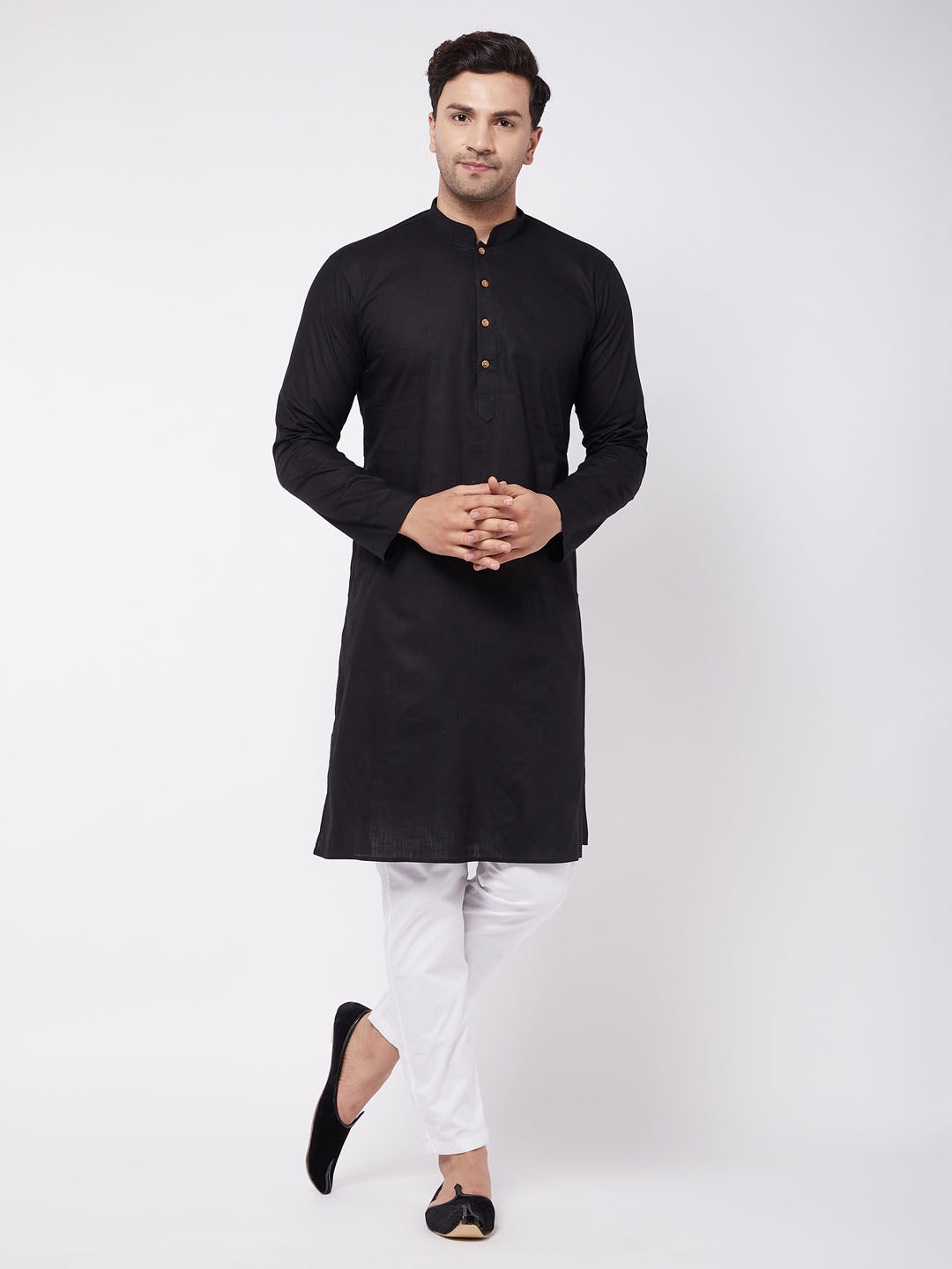 Sarvati Men's Black Solid Cotton Blend Kurta & White Solid Cotton Pant Set