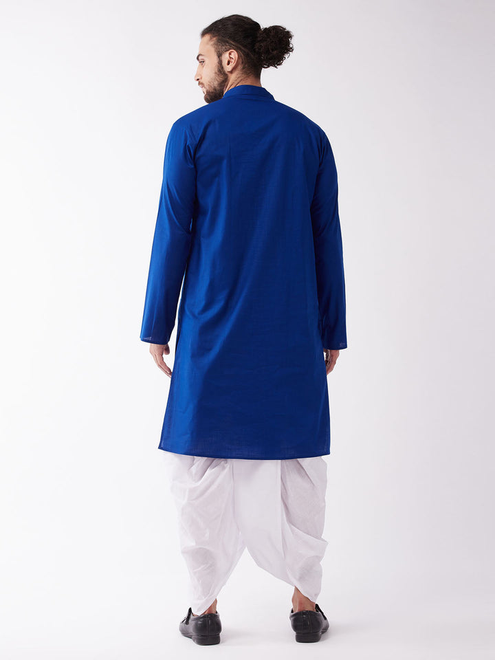 Sarvati Men's Blue And White Cotton Blend Kurta And Dhoti Set